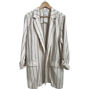 J. Jill Striped Linen/Cotton Long Loose-Fit Open Blazer Large
